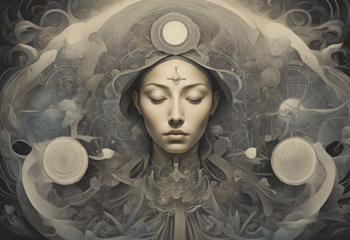 A serene figure radiates confidence, surrounded by symbols of inner strength and resilience