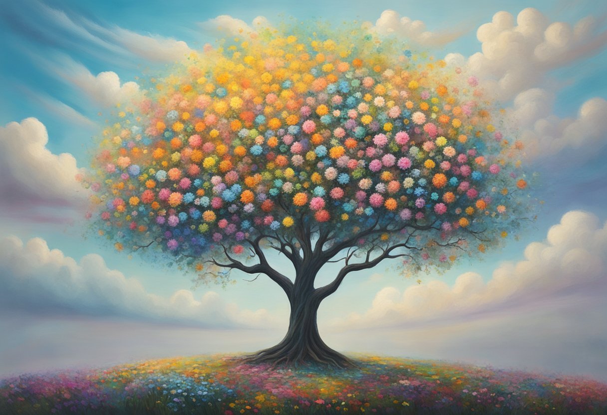 A lone tree stands tall, its branches reaching towards the sky. Surrounding it, colorful flowers bloom, symbolizing self-trust and resilience