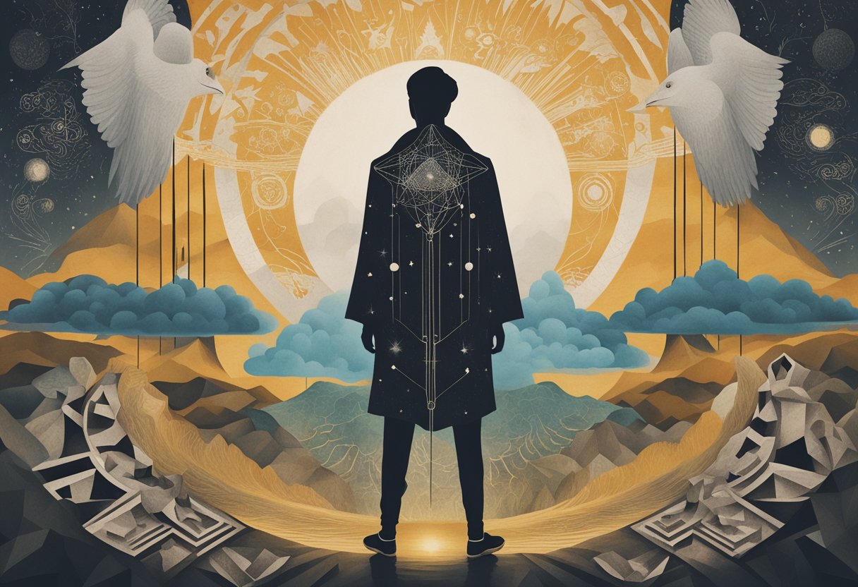 A person standing confidently, radiating self-trust and resilience, surrounded by symbols of support and strength