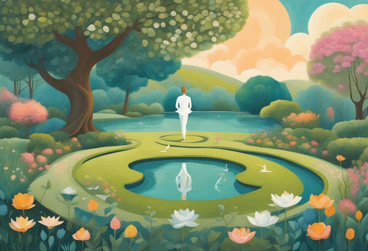 A peaceful garden with a winding path, blooming flowers, and a serene pond. A figure practices yoga under a tree, surrounded by uplifting affirmations and symbols of strength