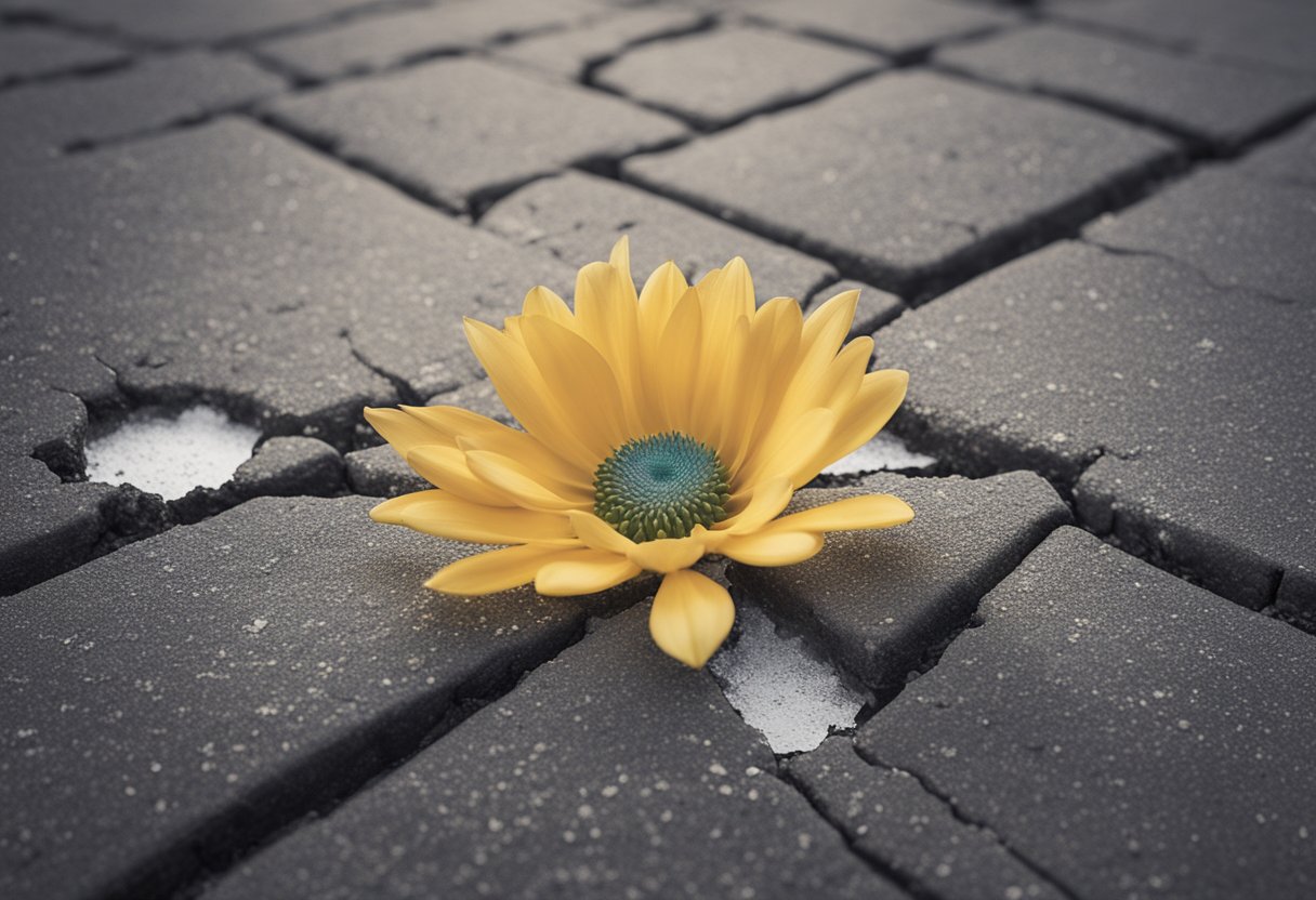 A blooming flower breaking through a crack in the pavement, symbolizing resilience and self-love after overcoming cancer