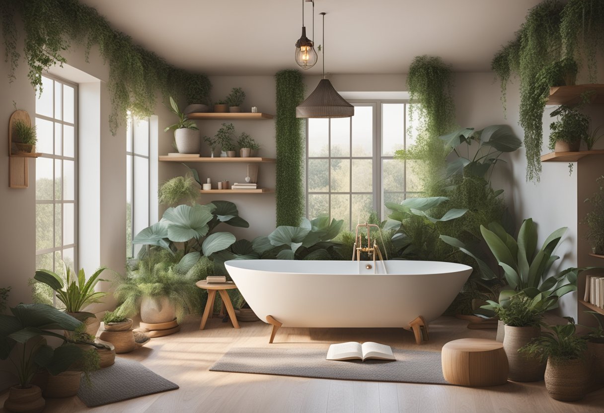 A serene setting with a cozy nook for reading, a soothing bath, and a calming yoga space. A journal and plants add to the peaceful atmosphere