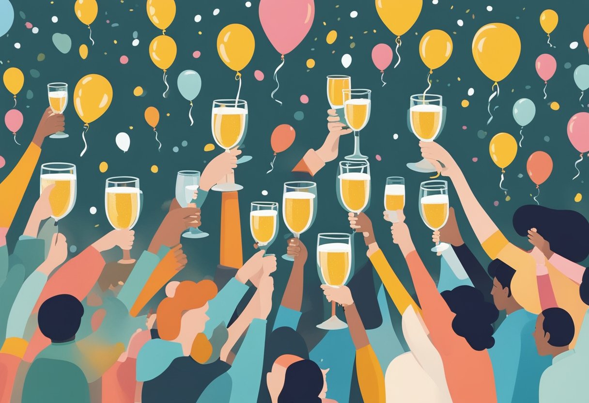 A group of friends raise glasses in a toast, surrounded by balloons and confetti, symbolizing celebration and triumph over cancer