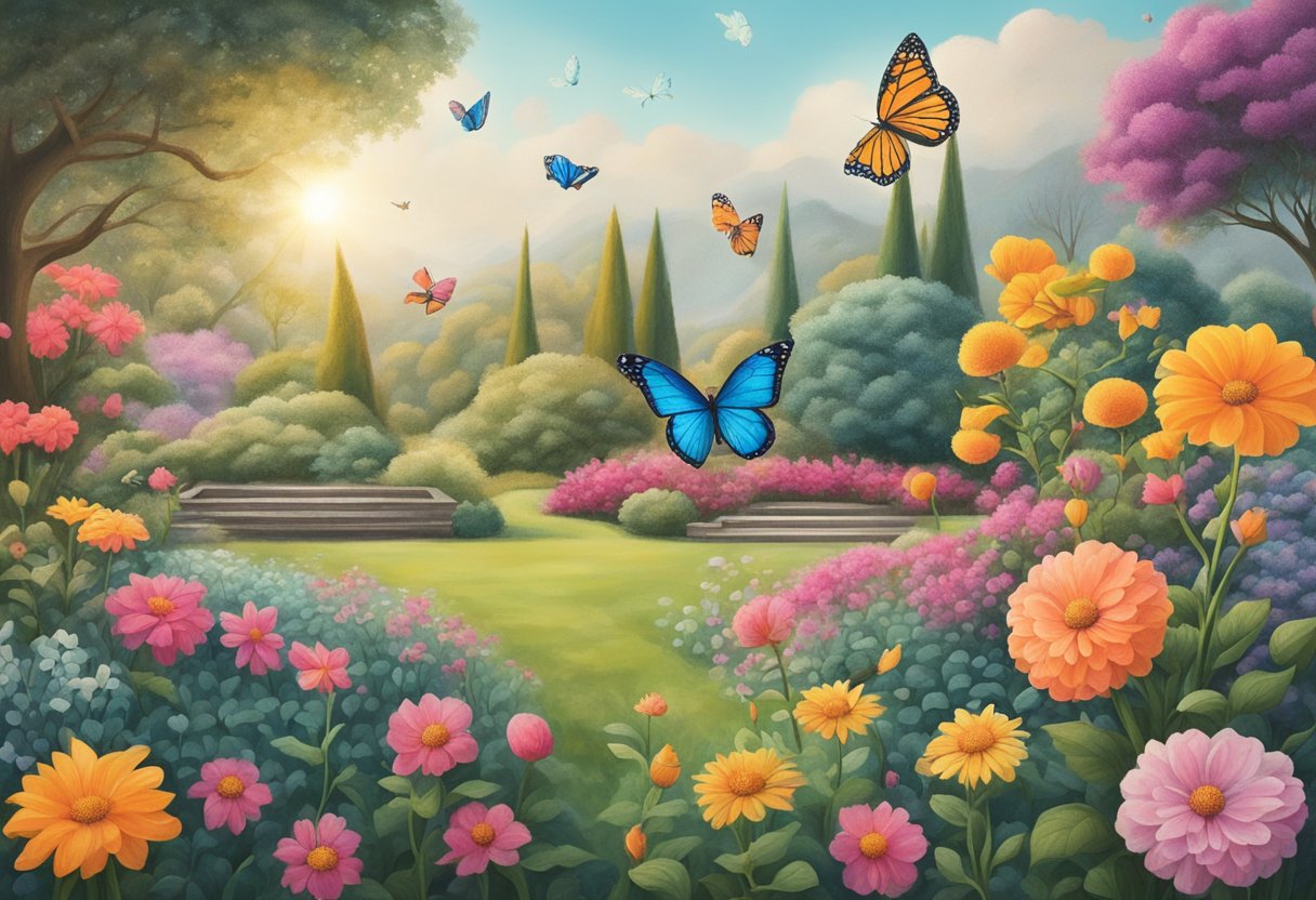 A serene garden with vibrant flowers and a peaceful butterfly, symbolizing self-love and resilience in the face of cancer