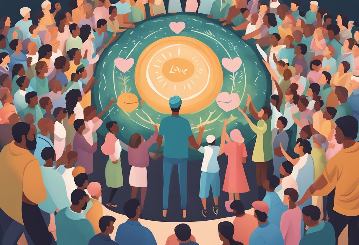 A group of diverse individuals gather in a supportive circle, radiating positivity and self-love. A cancer thriver stands confidently at the center, surrounded by love and encouragement