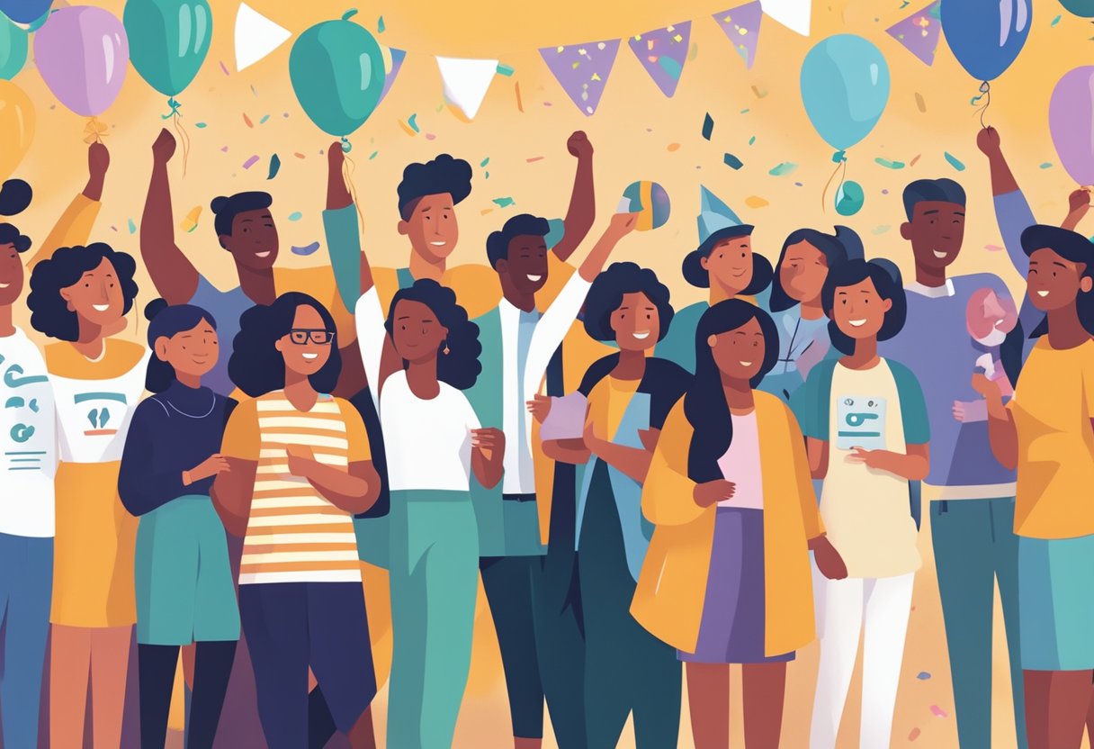 A group of diverse individuals celebrating with balloons and confetti, surrounded by supportive friends and family. A banner reads "Understanding Cancer and Survivorship Celebrating Personal Milestones."