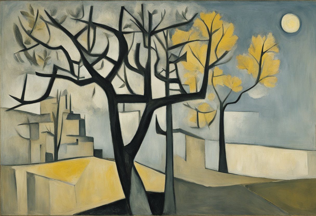 A bare tree with a single leaf clinging to a branch, symbolizing mortality and survivorship