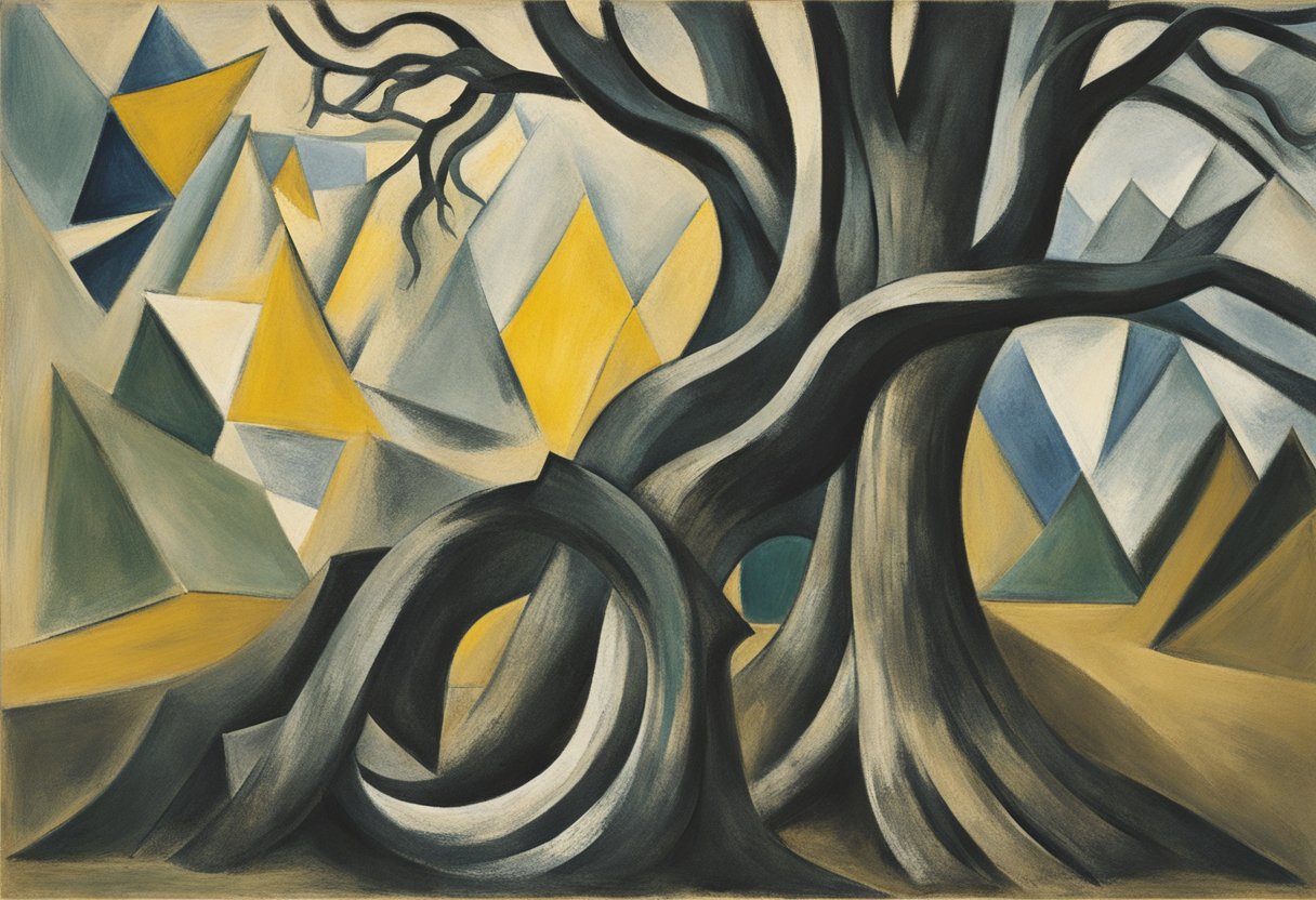 Cancer ribbon intertwined with a tree root, symbolizing survivorship and mortality