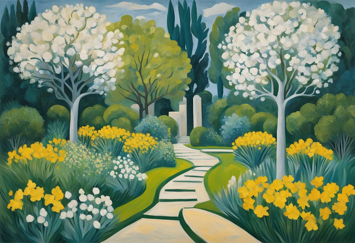 A serene garden with a winding path leading to a tree of life, surrounded by blooming flowers and vibrant greenery, symbolizing the journey of survivorship care and management in overcoming the root problem of mortality in cancer survivorship