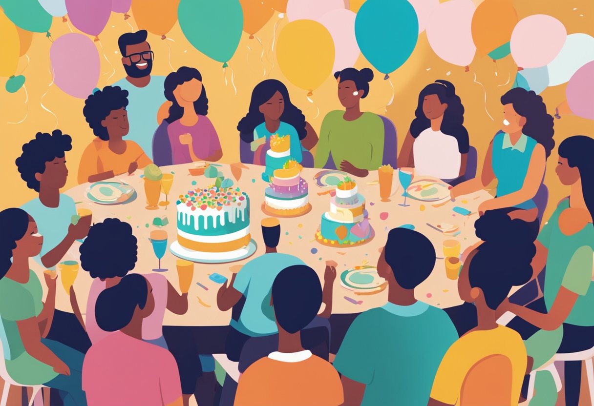 A group of people gather around a table filled with colorful decorations, balloons, and a cake. A banner reads "Celebrating Survivorship" as they raise their glasses in a toast