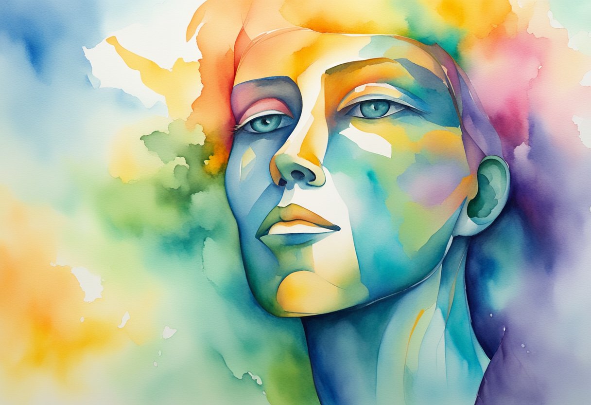 A figure stands tall, gazing ahead with determination. The backdrop is a symbol of resilience and hope, with vibrant colors and dynamic shapes