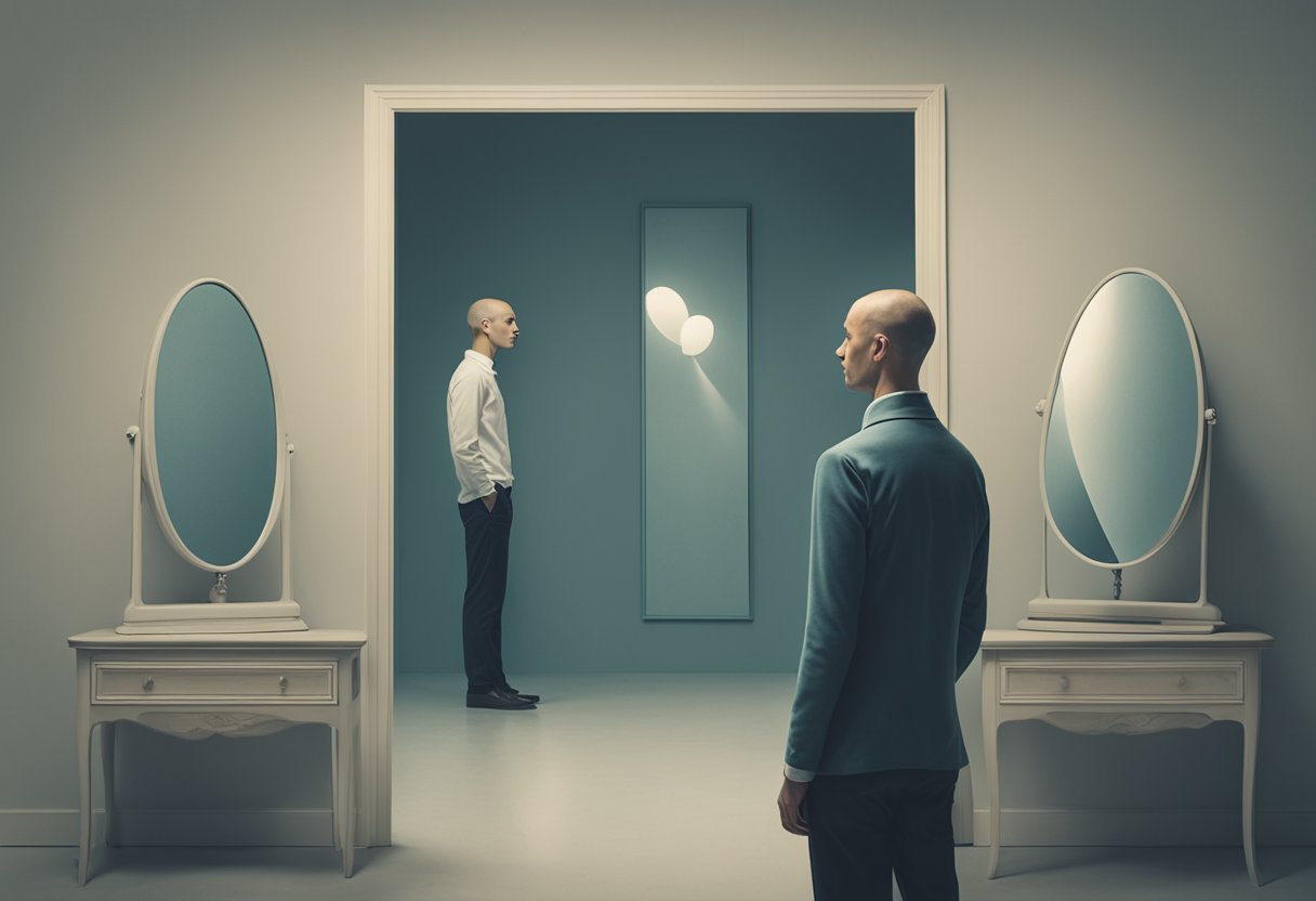 A solitary figure stands in front of a mirror, a look of contemplation on their face as they consider the impact of male breast cancer