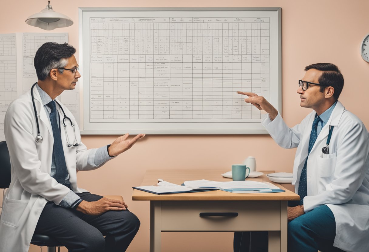 A doctor discussing male breast cancer with a patient, using a chart for staging and prognosis
