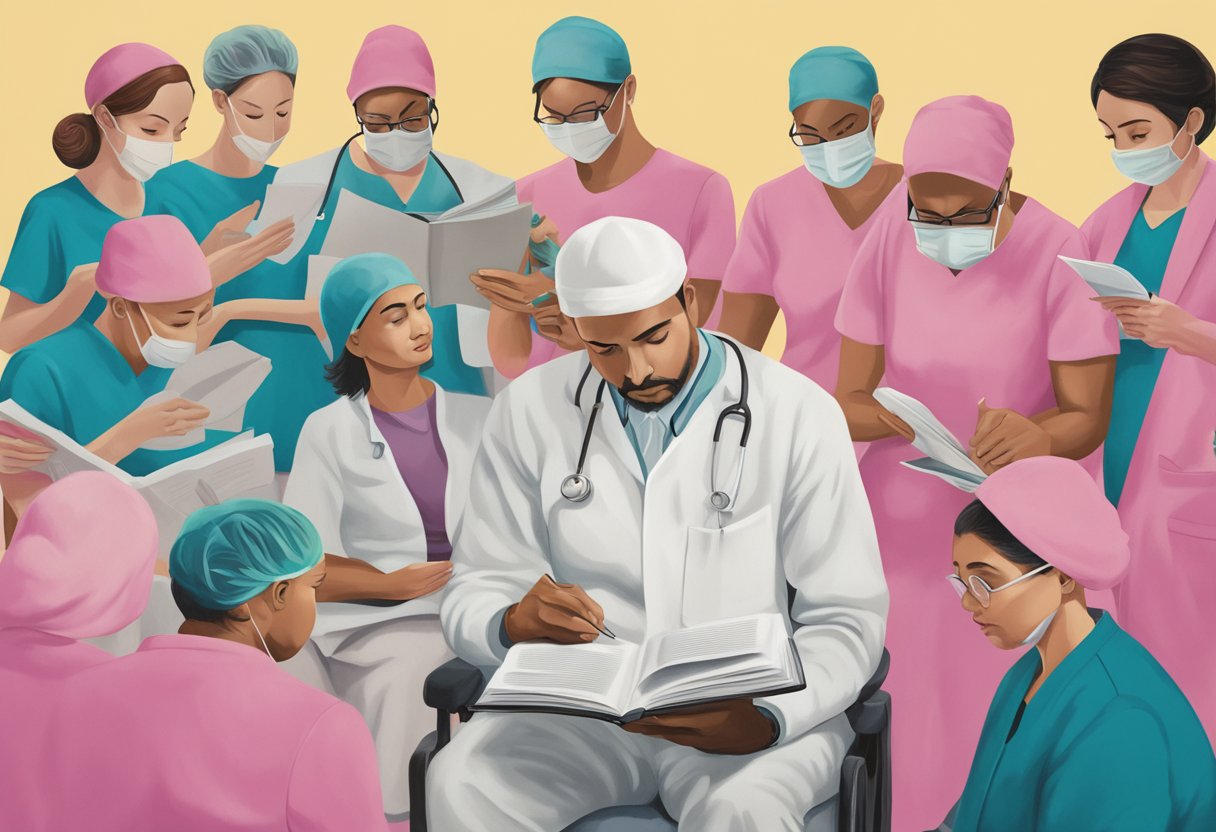 A male figure reading a pamphlet on breast cancer, surrounded by supportive family and medical professionals