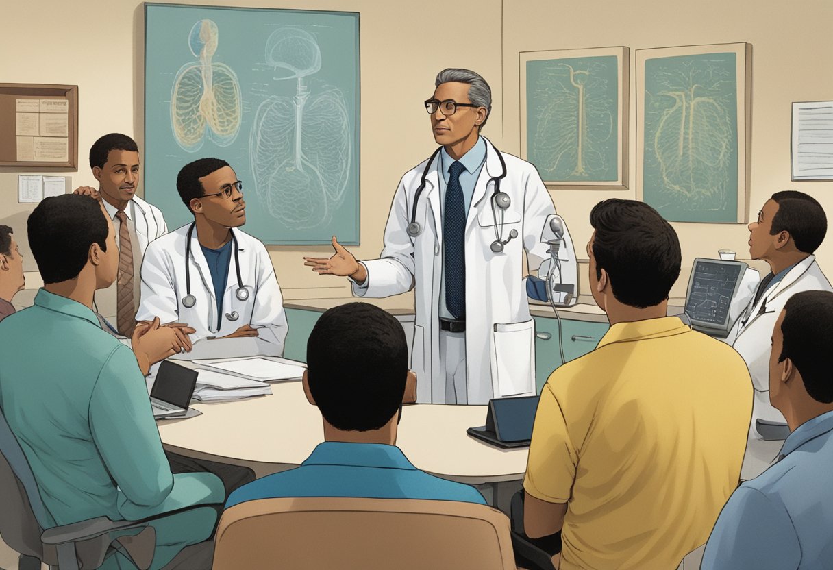 A doctor discusses male breast cancer prevention and screening with a group of men in a clinic setting