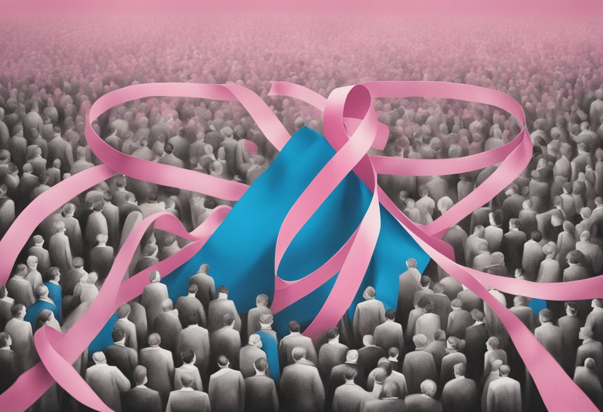 A ribbon symbolizing male breast cancer awareness, surrounded by supportive friends and family