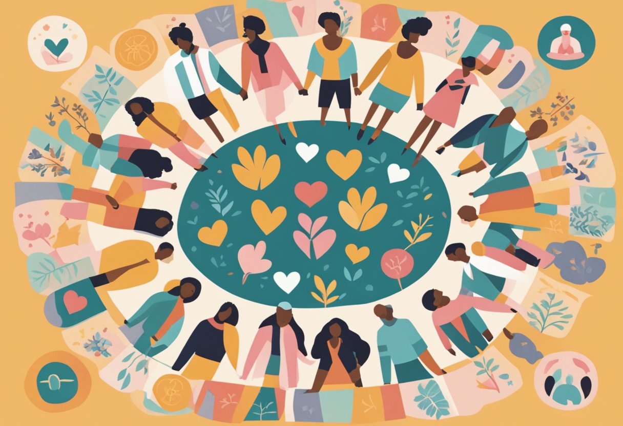 A group of people gather in a circle, holding hands and smiling, surrounded by symbols of support and love, celebrating a cancer survivor's milestone