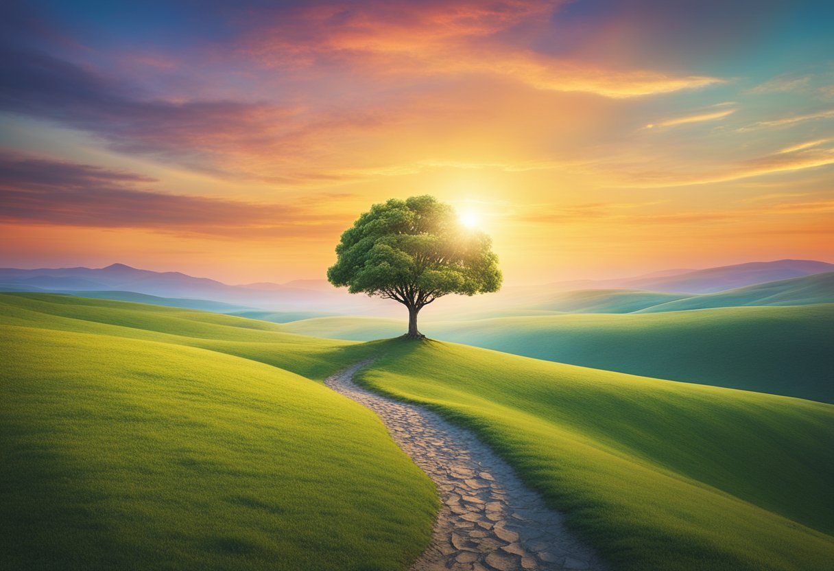A serene landscape with a vibrant sunrise, symbolizing resilience and hope. A tree stands strong, representing mental and spiritual wellbeing amidst adversity