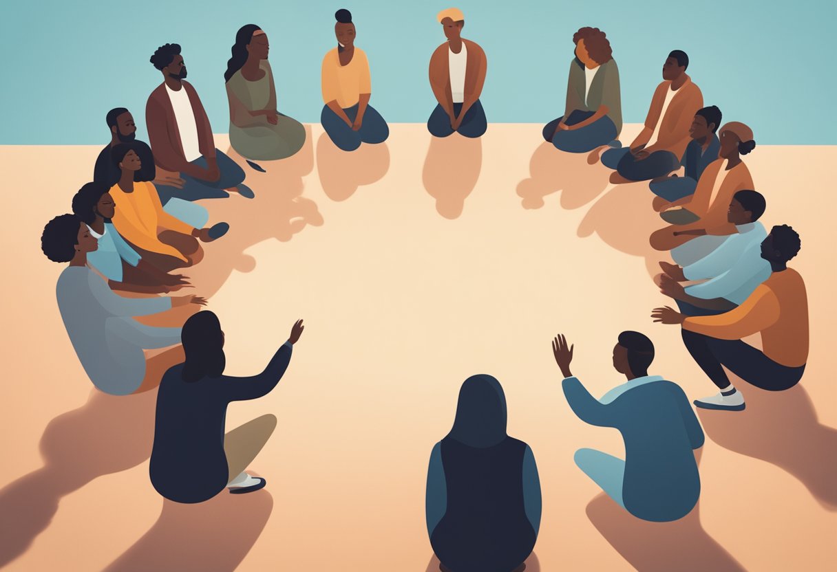 A group of diverse individuals gather in a circle, sharing stories and supporting one another. A sense of strength and empowerment radiates from the group, symbolizing resilience and unity in overcoming challenges