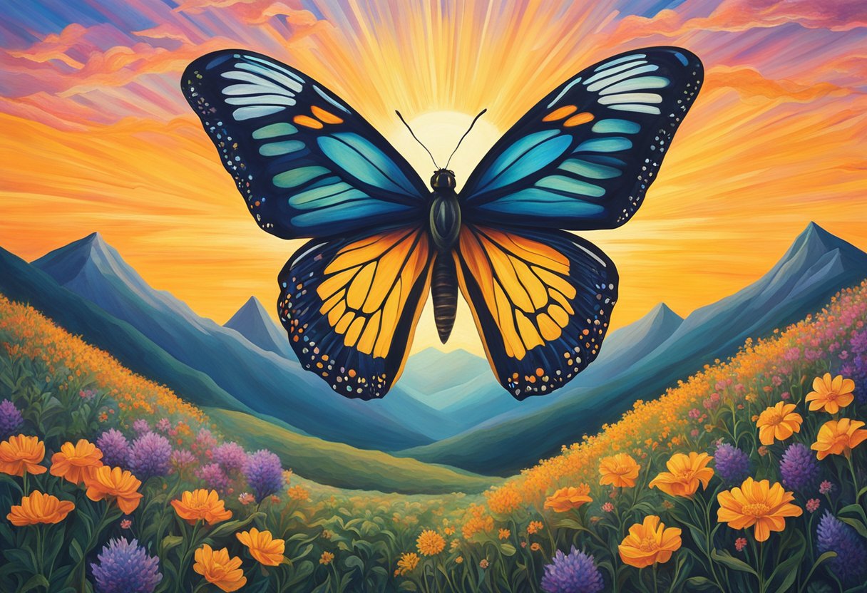 A vibrant sun rises over a mountain peak, casting a warm glow on a field of wildflowers. A butterfly emerges from a cocoon, symbolizing transformation and resilience