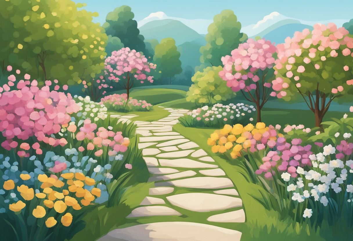 A serene garden with blooming flowers and a winding path, symbolizing the journey of cancer survivorship and the celebration of personal milestones