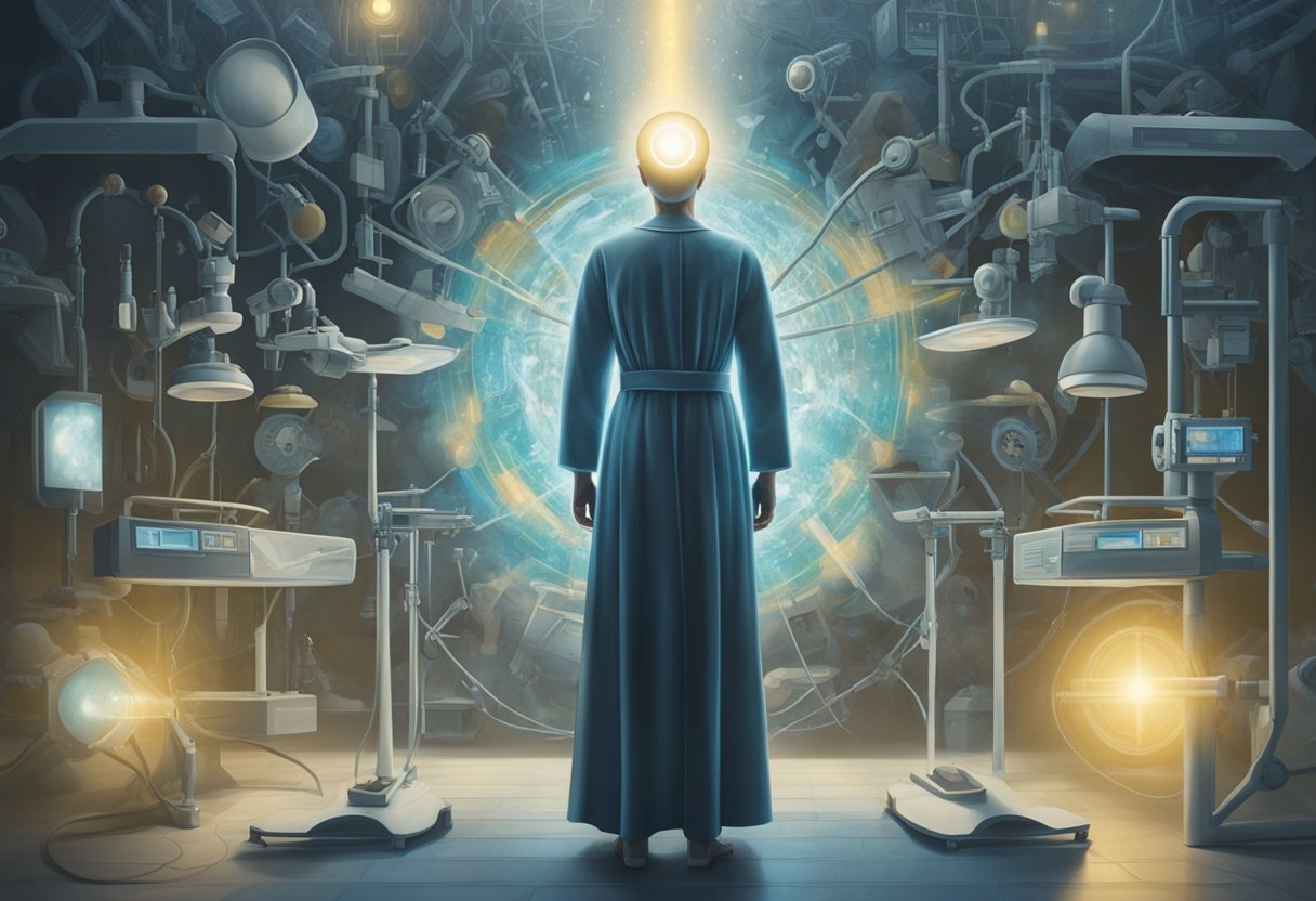 A figure stands strong, surrounded by medical equipment. A beam of light shines down, symbolizing empowerment and resilience in the face of cancer treatment