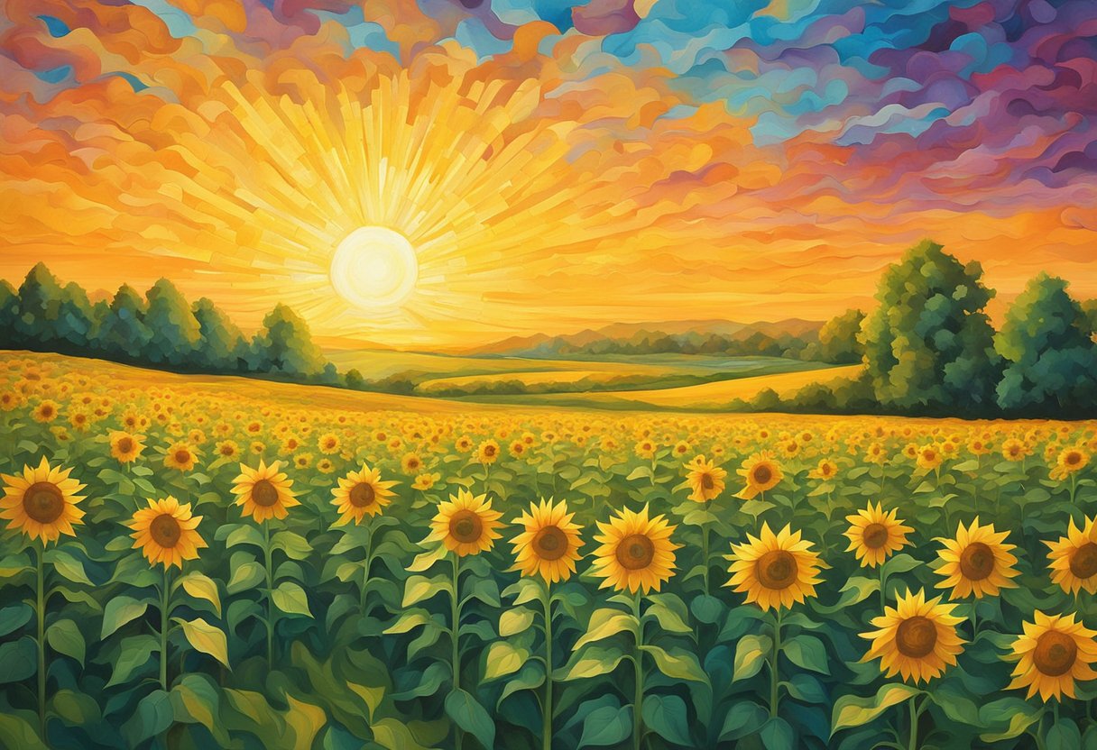 A vibrant sunflower blooms amidst a field of green, symbolizing growth and resilience. The sun shines brightly, casting a warm glow over the scene