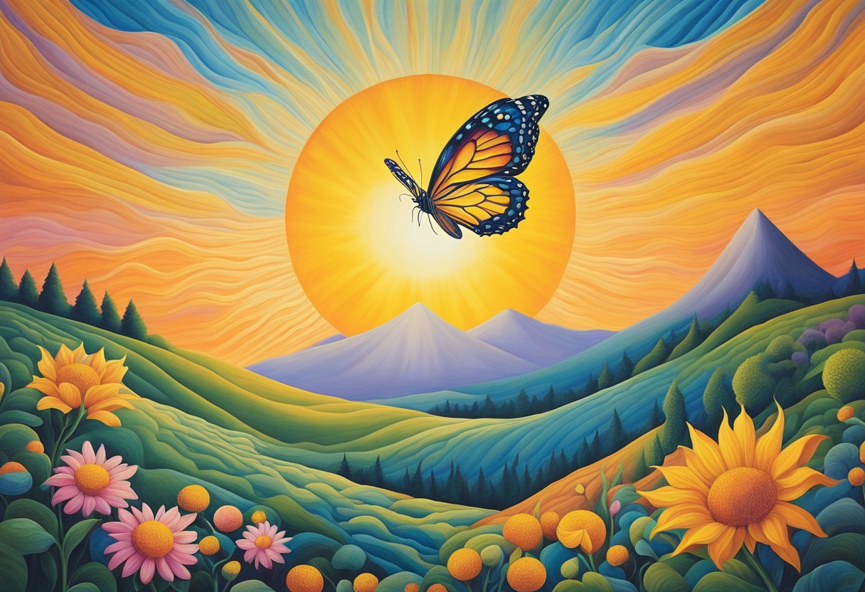 A radiant sun rises over a tranquil landscape, symbolizing resilience and hope. A butterfly emerges from a cocoon, representing transformation and growth. Vibrant colors and a sense of calmness evoke a thriving, empowering mindset for a cancer thriver
