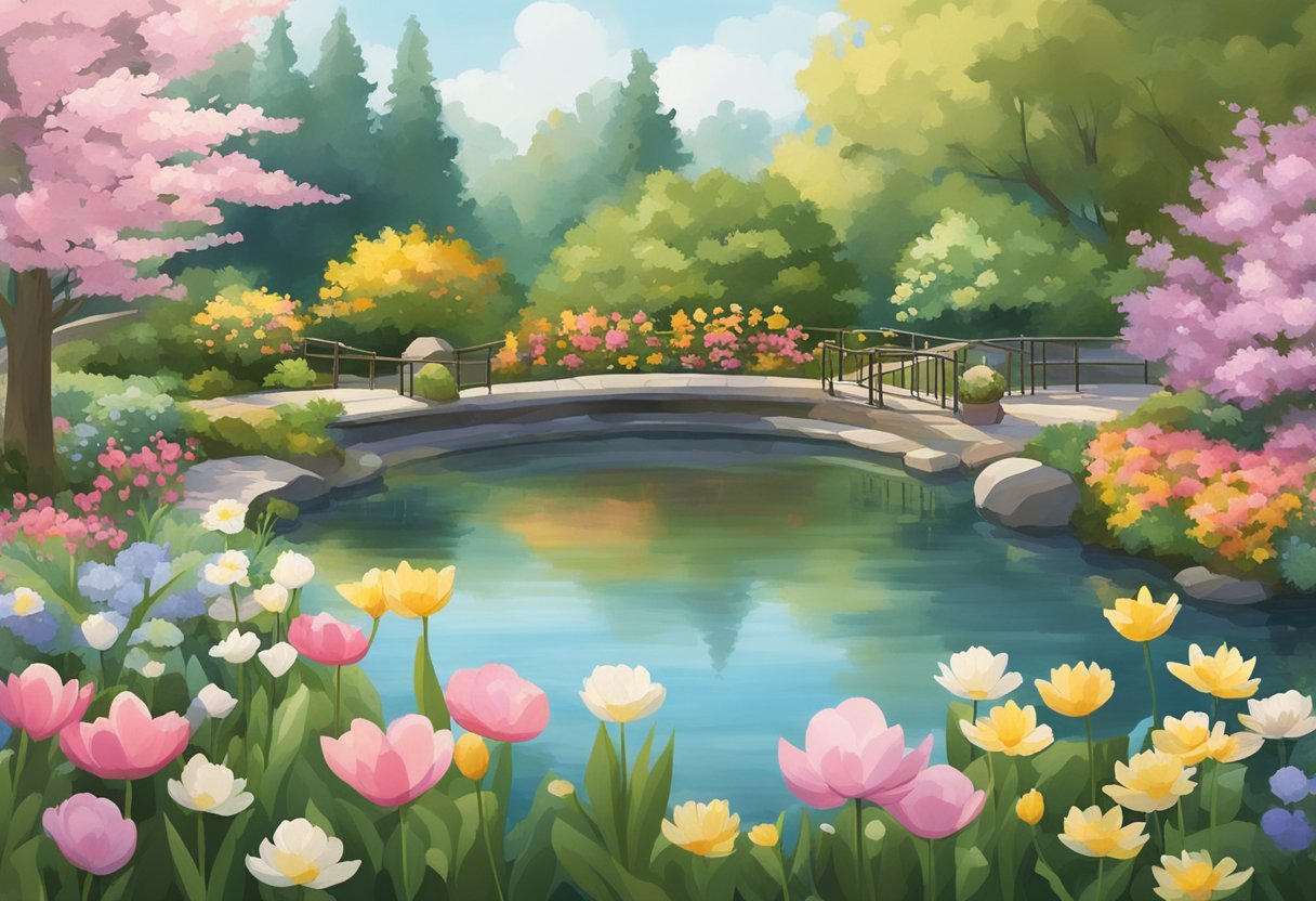 A serene garden with blooming flowers and a peaceful pond, symbolizing the journey of wellness and celebration after cancer survivorship