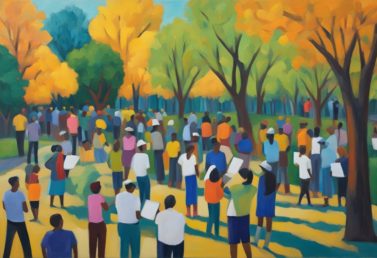 A diverse group of people gather in a park, holding signs and engaging in conversation. The atmosphere is vibrant and hopeful, with a strong sense of unity and purpose