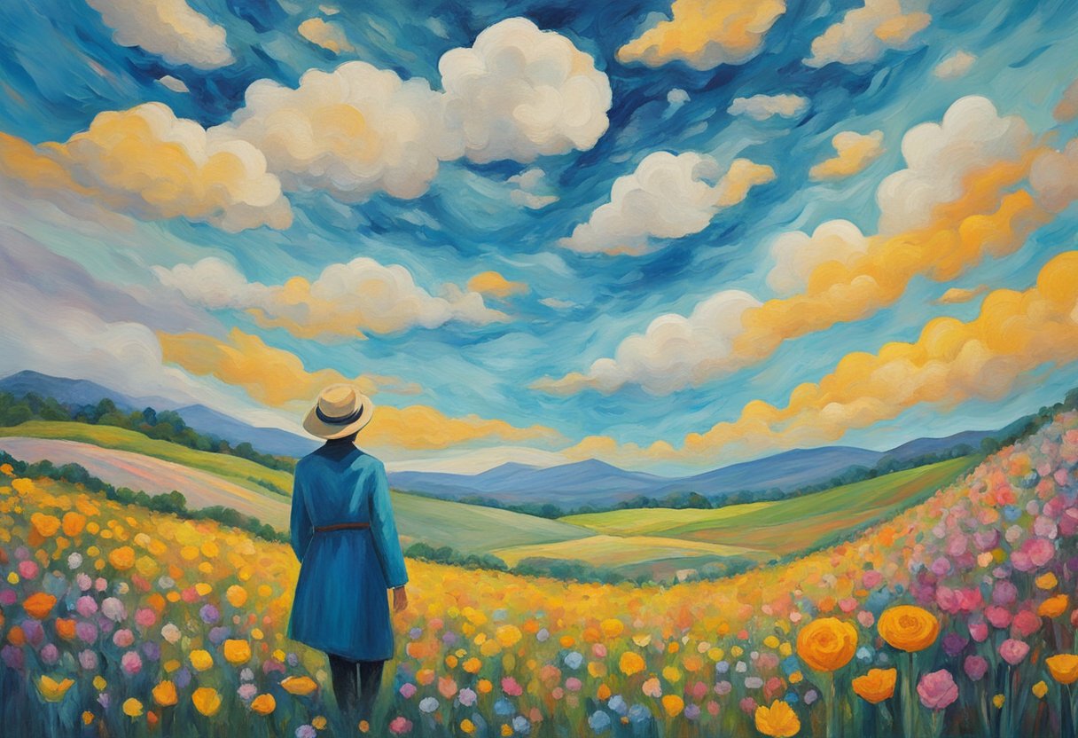 A person standing in a field of vibrant flowers, looking up at the sky with a peaceful expression, surrounded by symbols of hope and resilience