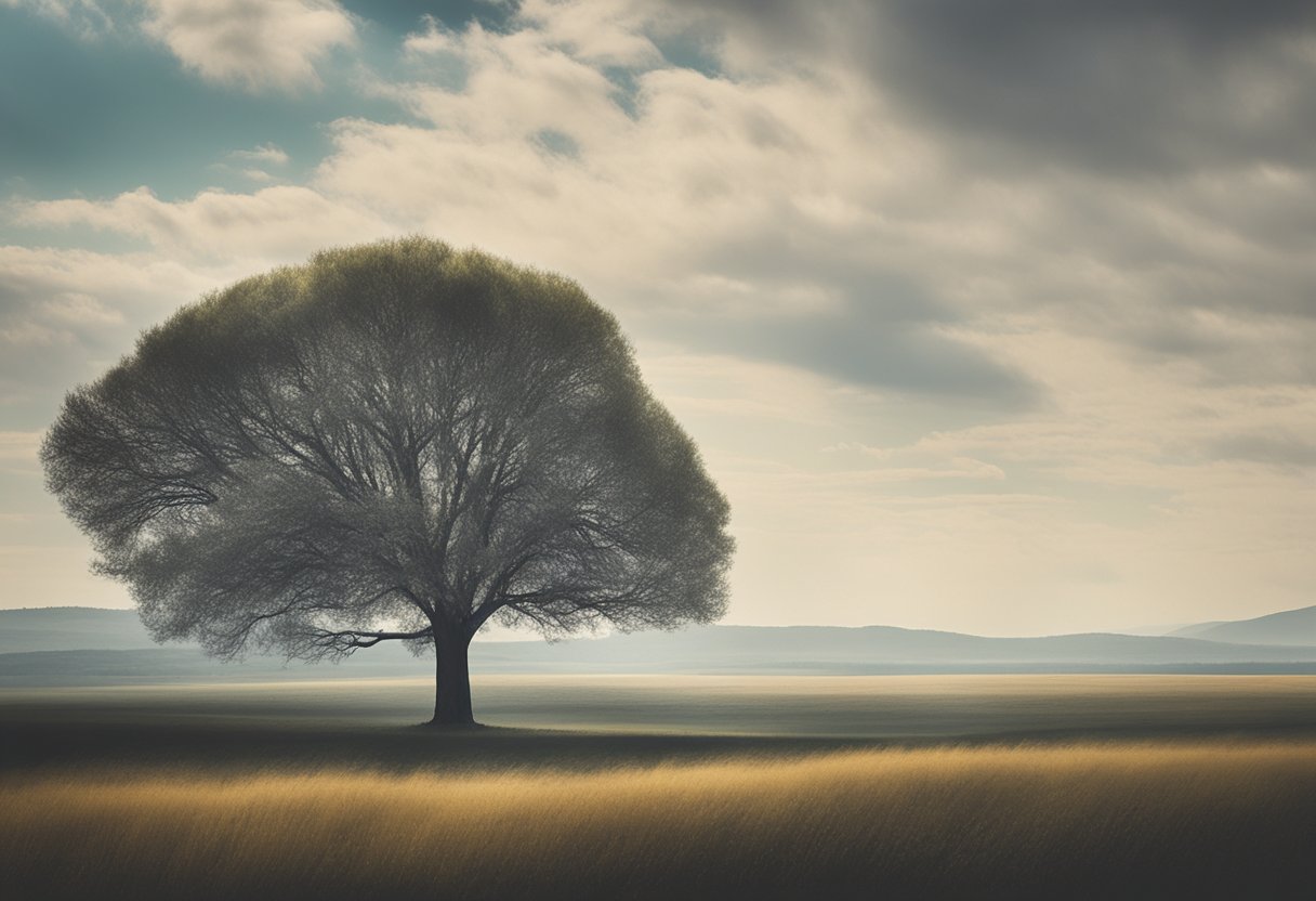 A serene landscape with a single tree standing tall, symbolizing resilience and self-acceptance after cancer survivorship