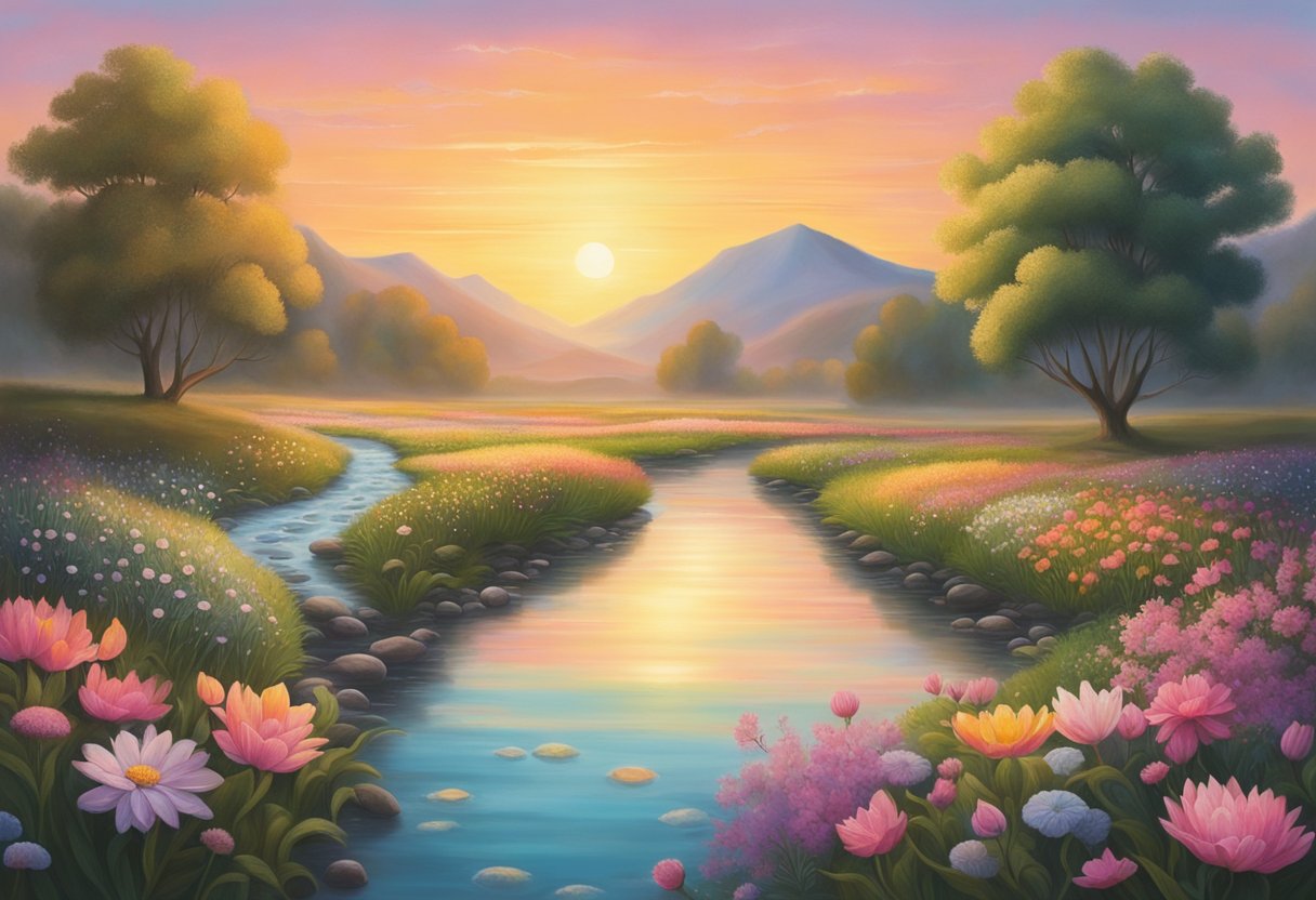 A serene landscape with a gentle stream, blooming flowers, and a vibrant sunrise, evoking peace and resilience