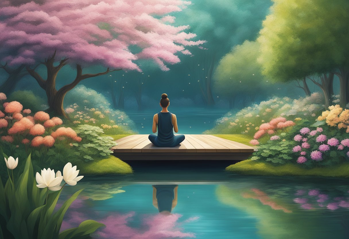 A serene garden with blooming flowers, a peaceful pond, and a gentle breeze. A person meditates, surrounded by nature's beauty