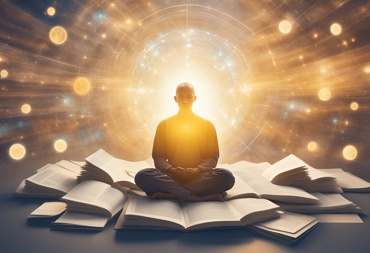 A serene figure meditates, surrounded by research papers and a glowing aura, symbolizing mindfulness practice for cancer thrivers