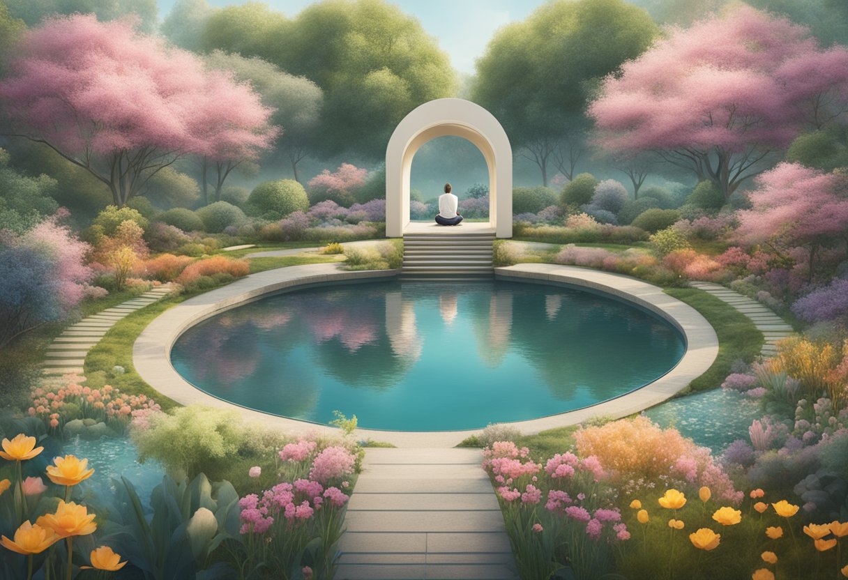A serene garden with blooming flowers and a peaceful pond, surrounded by a group of individuals practicing mindfulness meditation