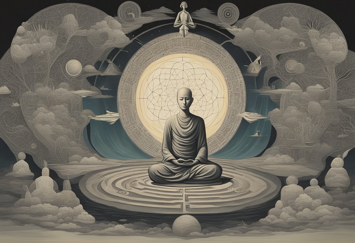 A serene figure sits in meditation, surrounded by symbols of strength and hope, representing the transformative journey of mindfulness and cancer survival
