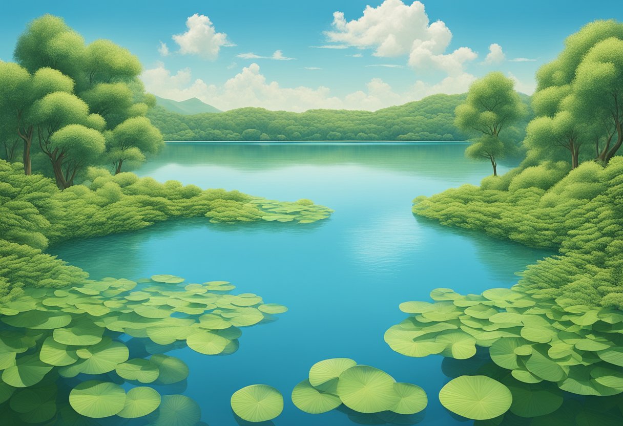 A serene natural setting with calm water, lush greenery, and a clear blue sky, evoking a sense of peace and tranquility