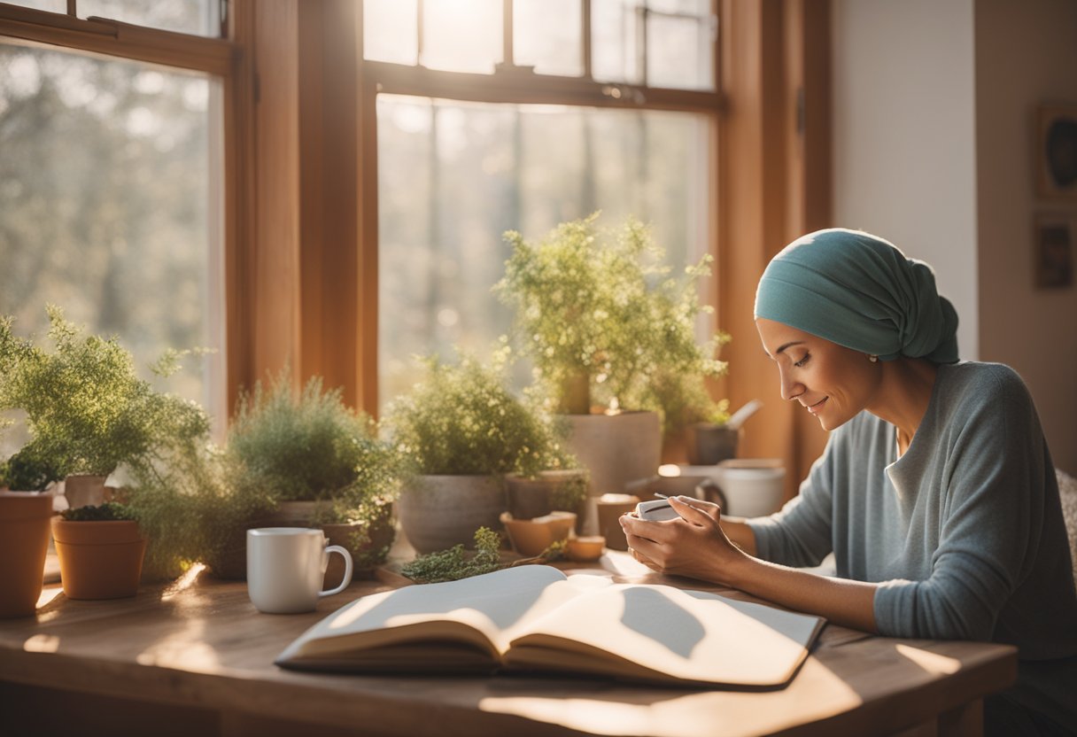 A cancer thriver engages in self-care rituals: journaling, meditation, and herbal tea in a cozy, sunlit space