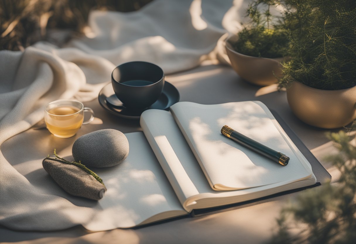 A serene setting with a journal, herbal tea, and yoga mat, surrounded by natural elements and soft lighting