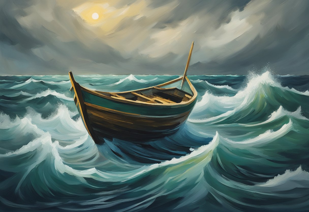 A lone boat sails through stormy waters, facing obstacles and rough waves. Despite the challenges, the boat remains resilient, symbolizing self-acceptance and survivorship