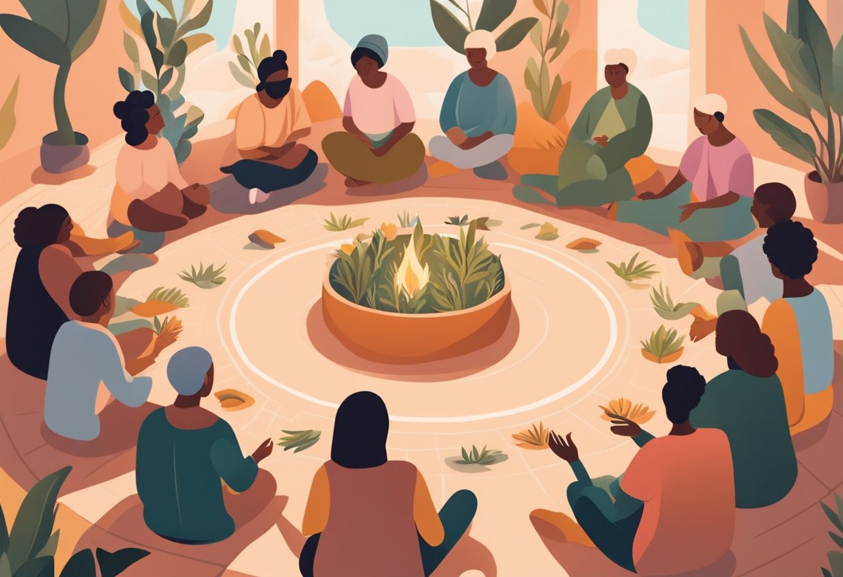 A group of people gather in a circle, sharing self-care rituals and offering support to a cancer thriver. The setting is warm and inviting, with a sense of community and connection