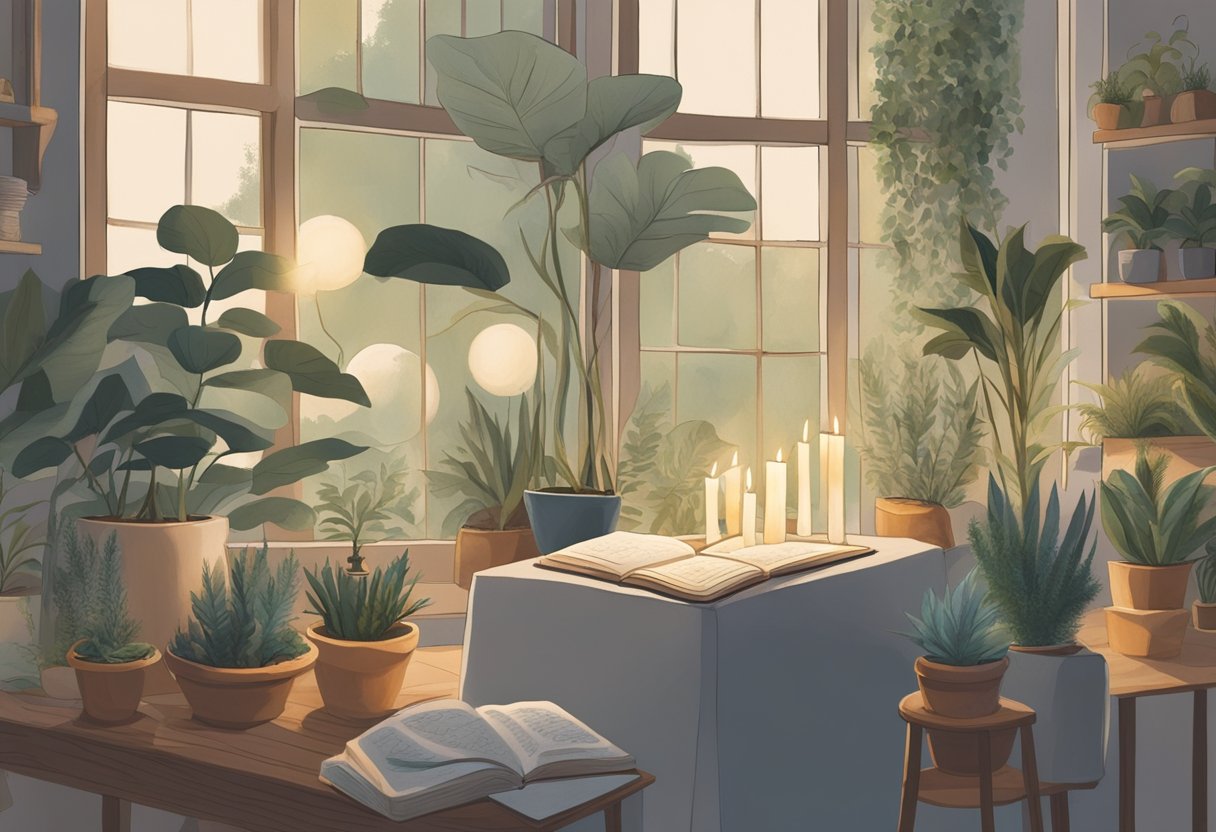 A peaceful setting with calming elements such as candles, plants, and a journal. A serene space for reflection and self-care