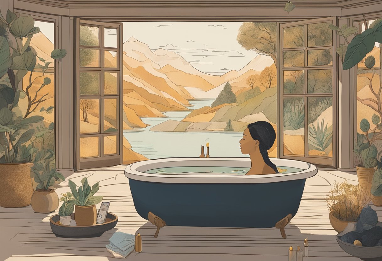 A serene setting with a warm bath, essential oils, and soft music for a cancer thriver's self-care ritual