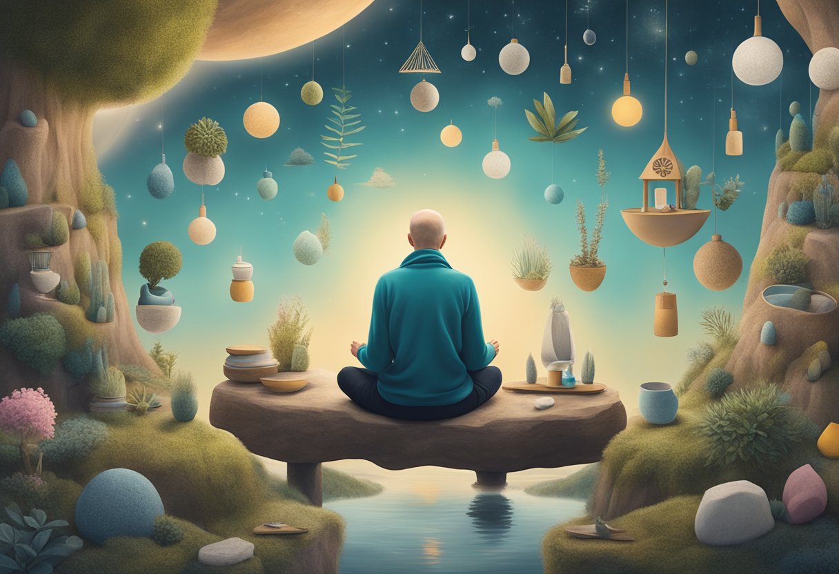 A person sitting in a peaceful setting, surrounded by comforting objects and engaging in self-care rituals to overcome emotional obstacles as a cancer thriver