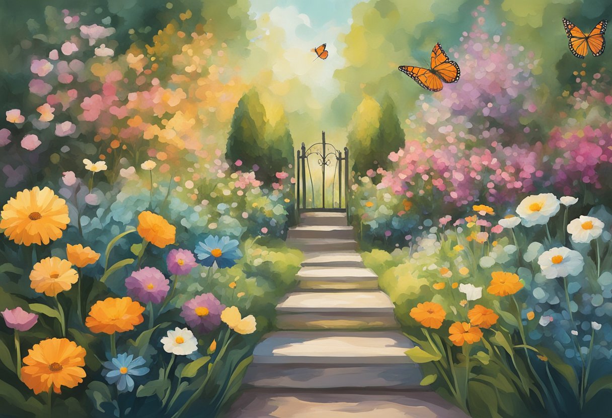 A serene garden with blooming flowers and a butterfly, symbolizing self-acceptance and life after cancer treatment