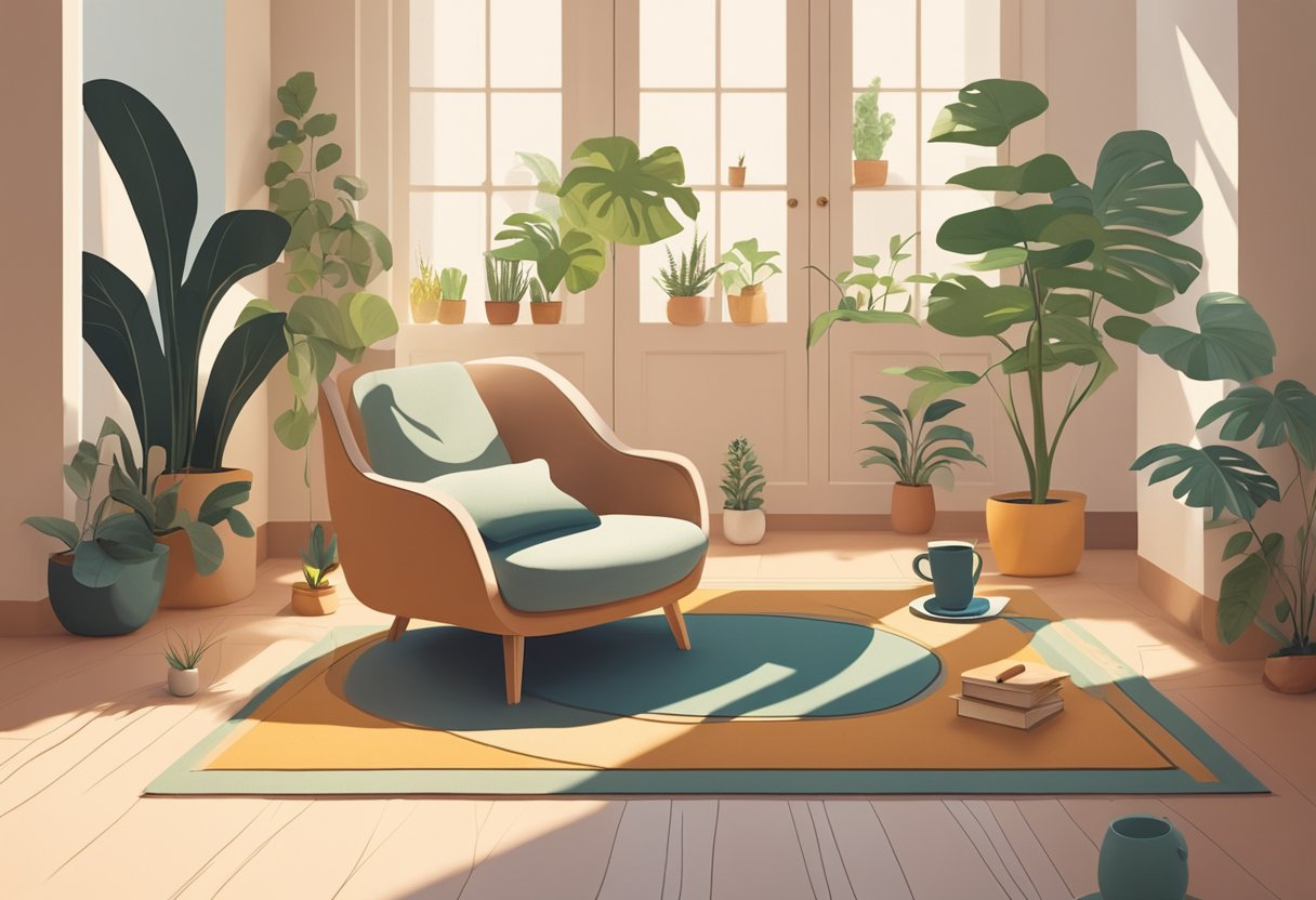 A peaceful, sunlit room with plants and a cozy chair, a book and a cup of tea. A yoga mat and meditation cushion invite relaxation and self-care