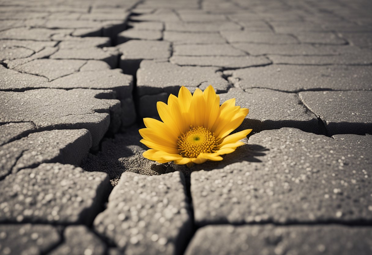 A blooming flower breaking through a crack in the pavement, symbolizing resilience and strength in the face of adversity