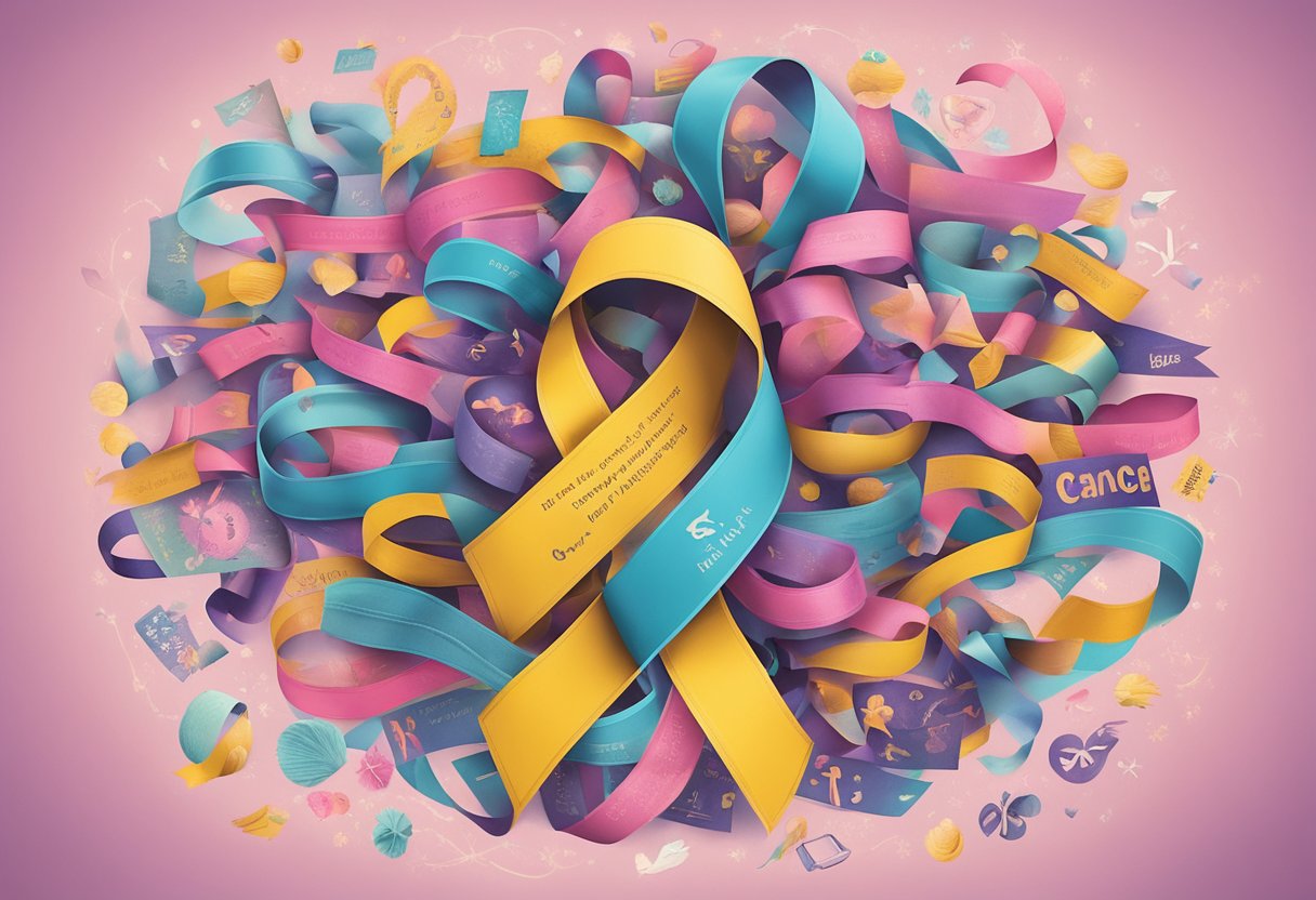 A vibrant ribbon symbolizes cancer awareness, surrounded by supportive messages and encouraging words