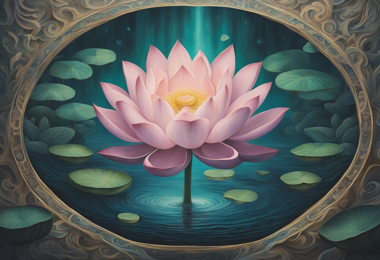 A blooming lotus flower rises from the murky depths, symbolizing spiritual growth and resilience in the face of adversity